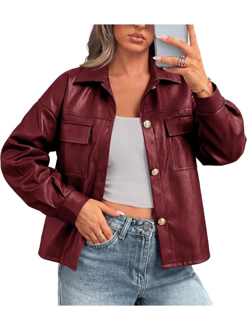 Women's Red Button Down Faux Leather Jacket Patch Pockets Motorcycle Jackets
